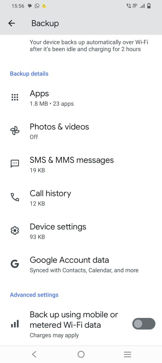 Captura de tela de todas as opções de backup no Google