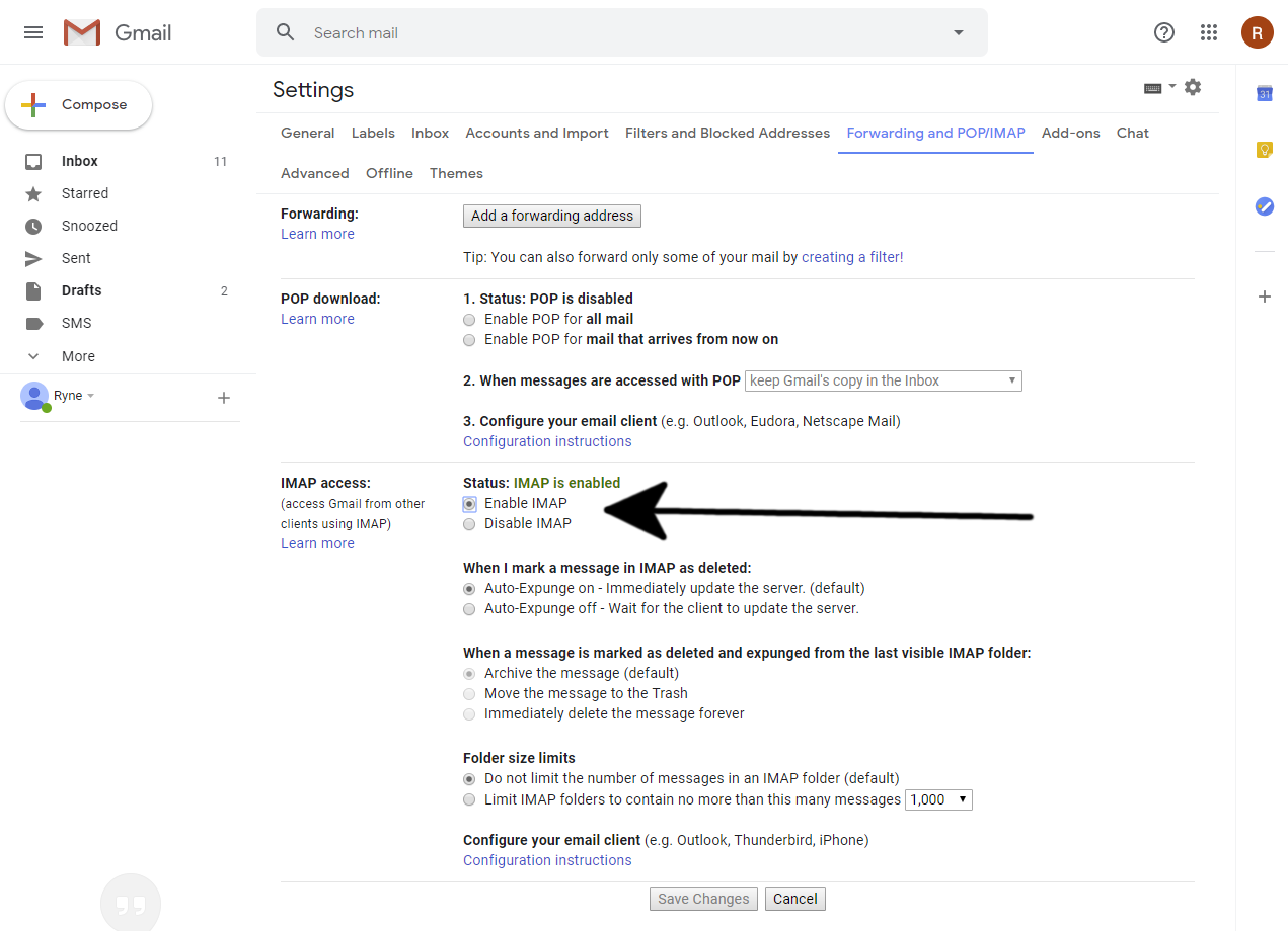 A captura de tela mostra a opção ‘ativar IMAP’ nas configurações do Gmail.