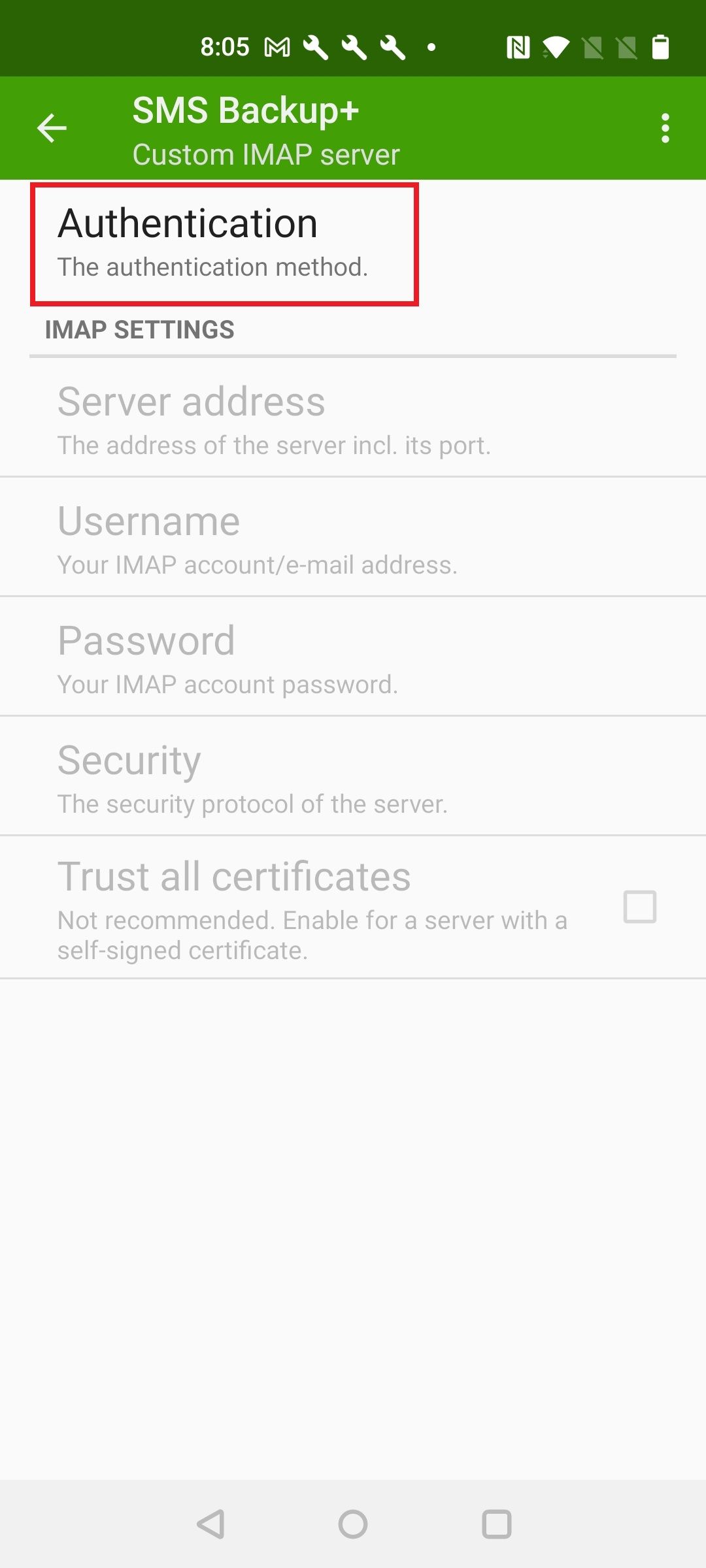 Captura de tela destacando a opção de autenticação no SMS Backup+