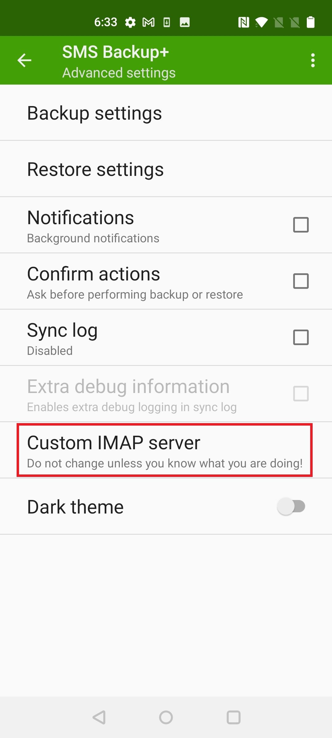 Captura de tela destacando o servidor IMAP personalizado no SMS Backup+