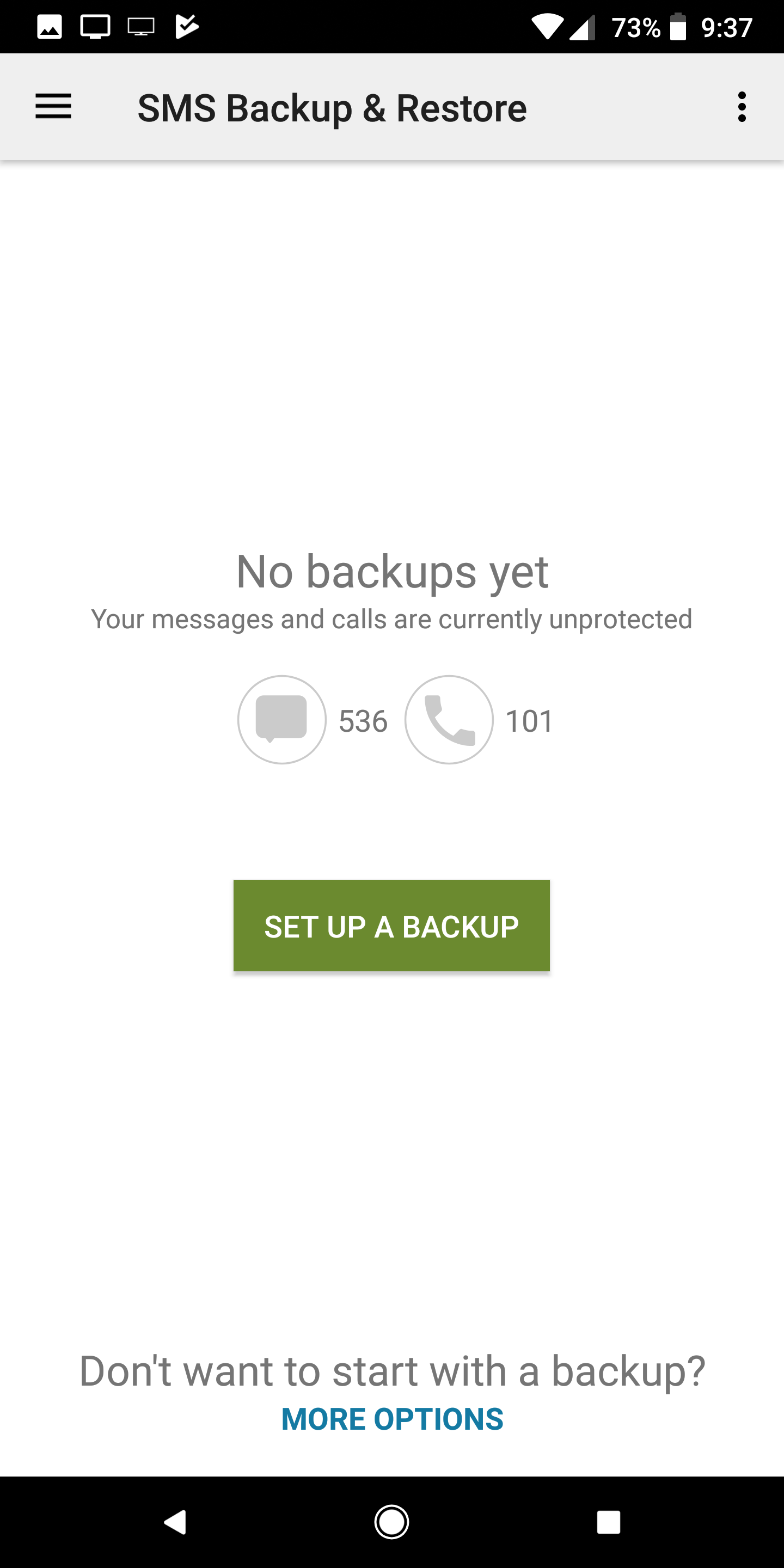 A captura de tela mostra a opção ‘CONFIGURAR UM BACKUP’ no SMS Backup & Restore.