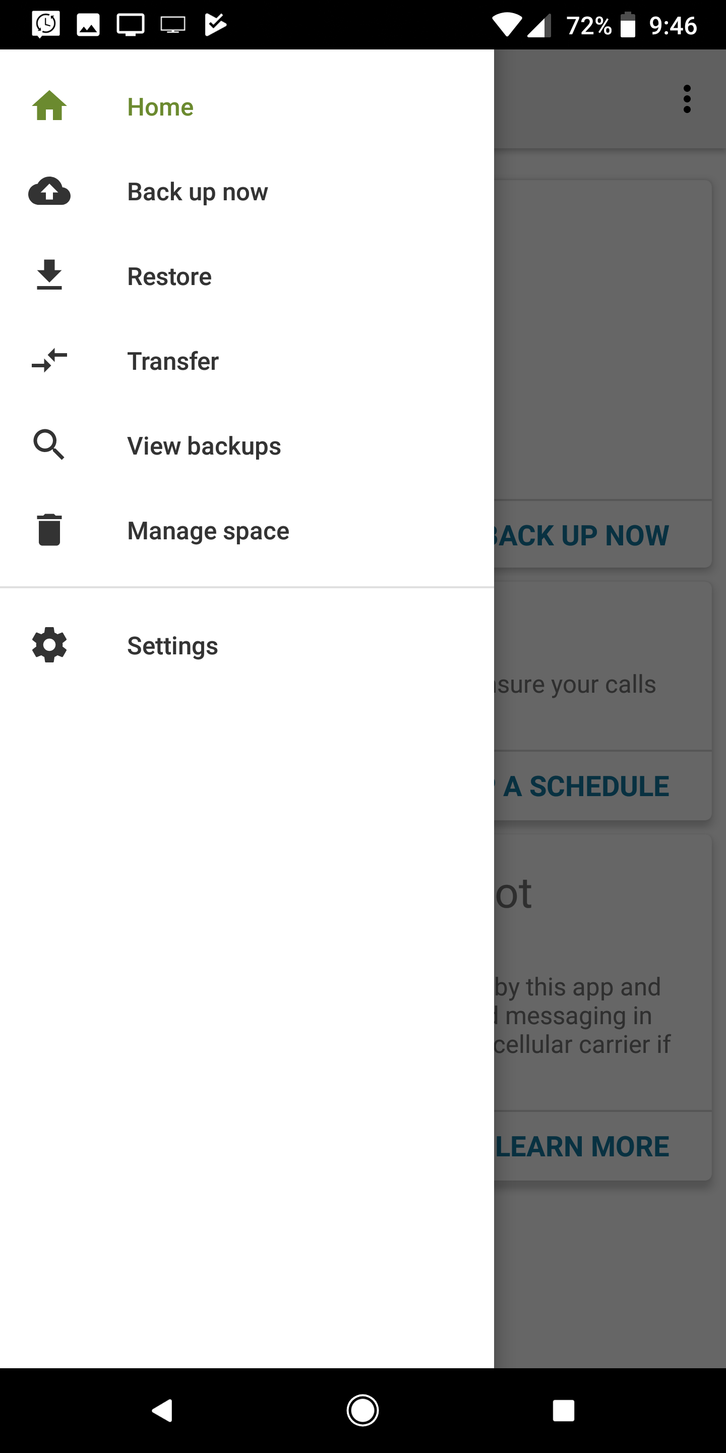 A captura de tela mostra opções de menu para SMS Backup & Restore.