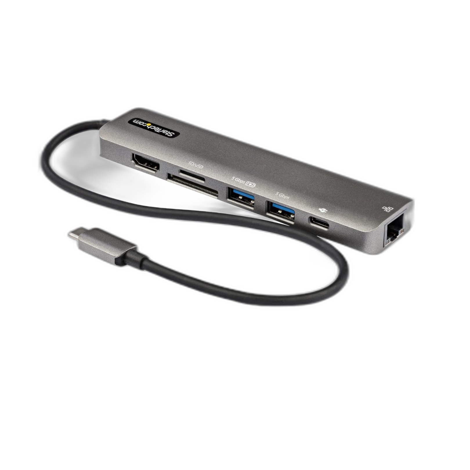 Hub multiporta Silver StarTech USB-C em um fundo branco