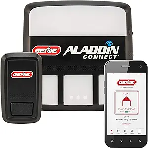 Controladores Genie Aladdin Connect e smartphone em fundo branco