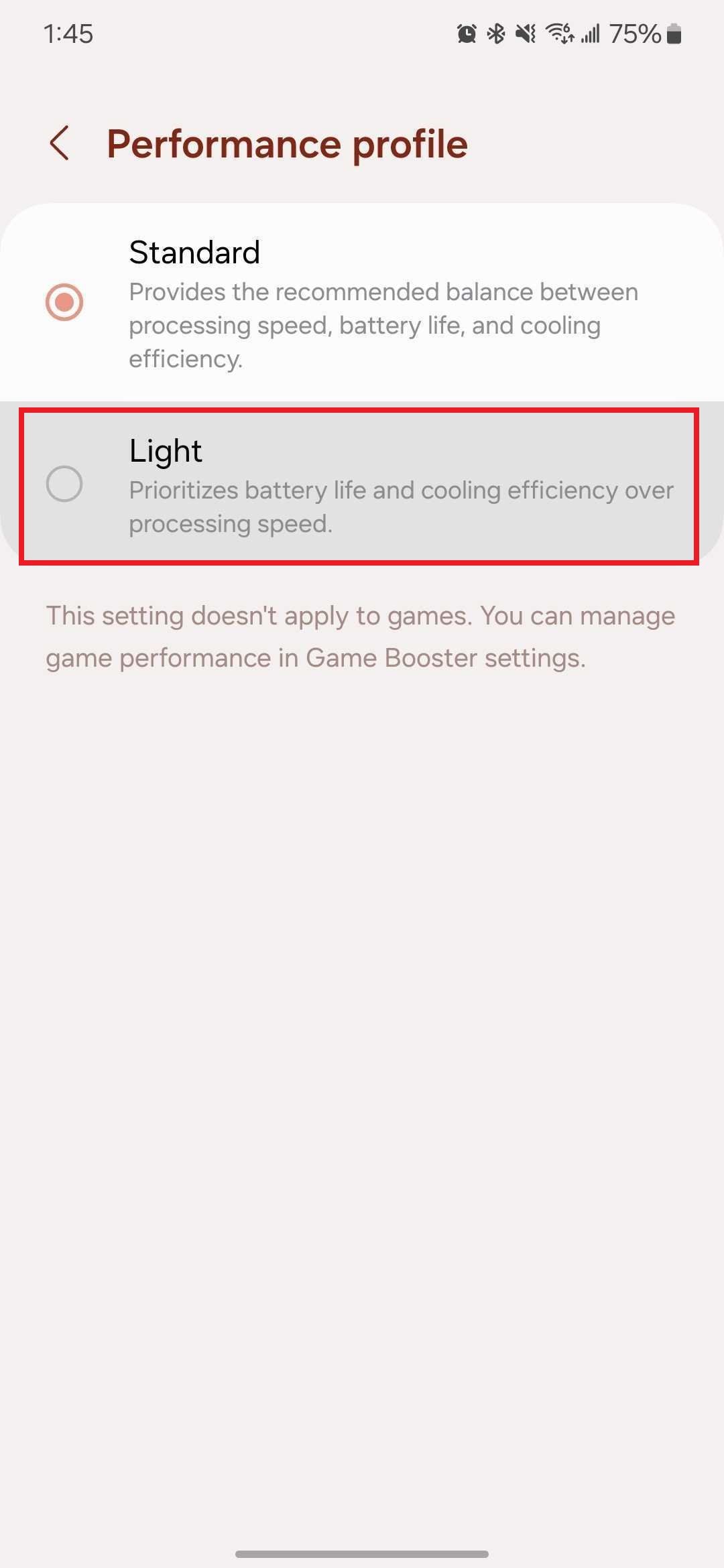 Captura de tela destacando ‘Light’ no Samsung Galaxy S24