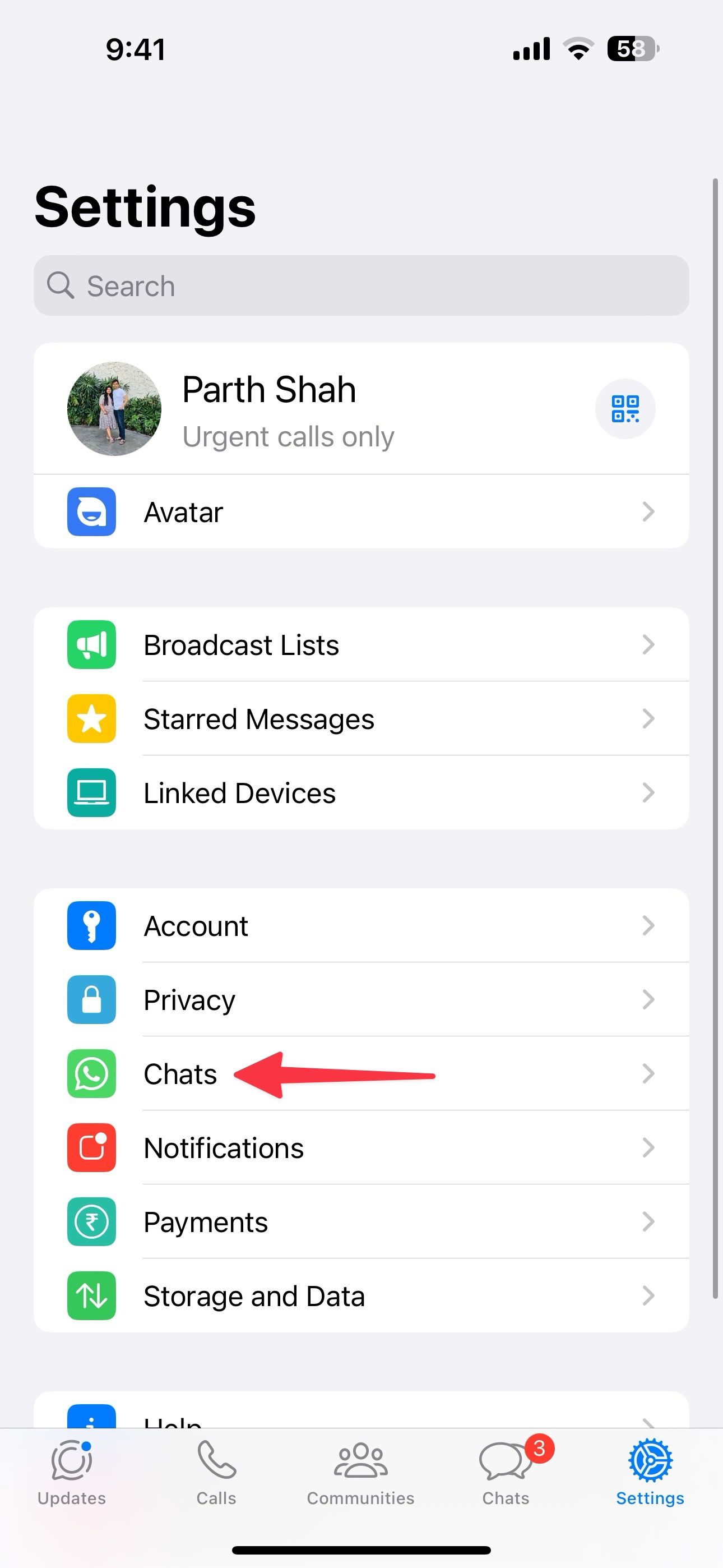 Menu de bate-papo no WhatsApp para iPhone