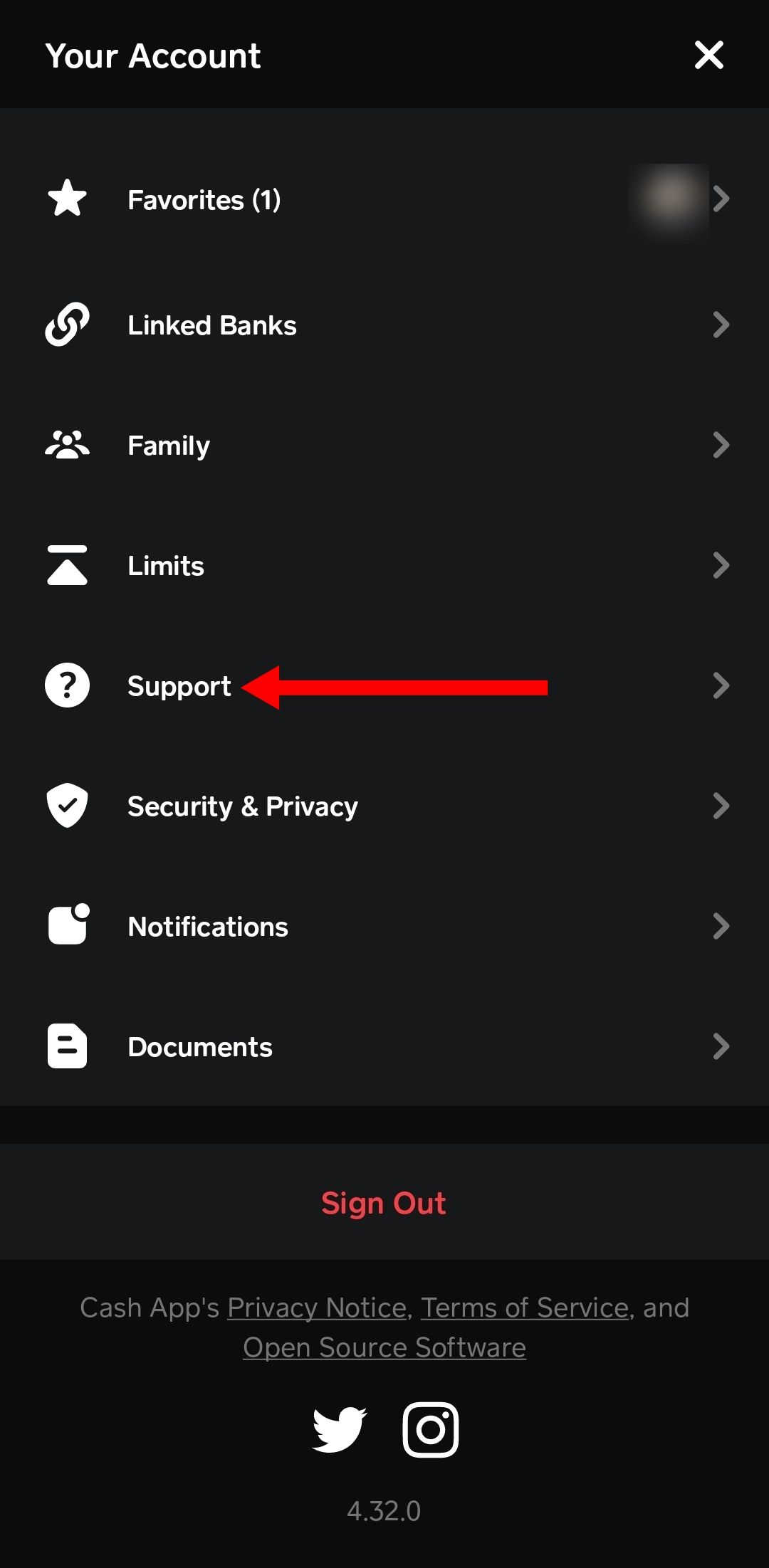 Captura de tela da opção de suporte no aplicativo Cash App para Android