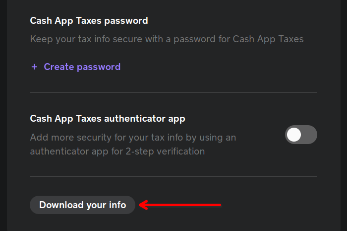 Captura de tela da opção de download de suas informações no site do Cash App