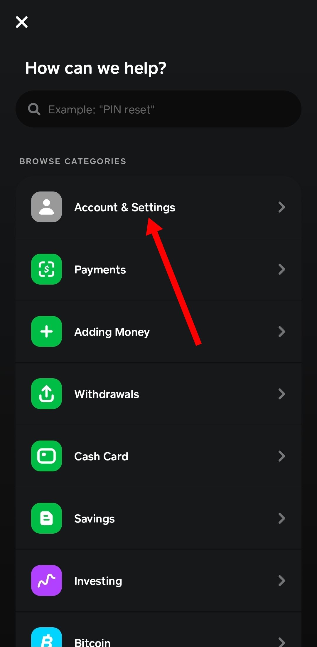 Captura de tela da opção Conta e configurações no aplicativo Cash App para Android