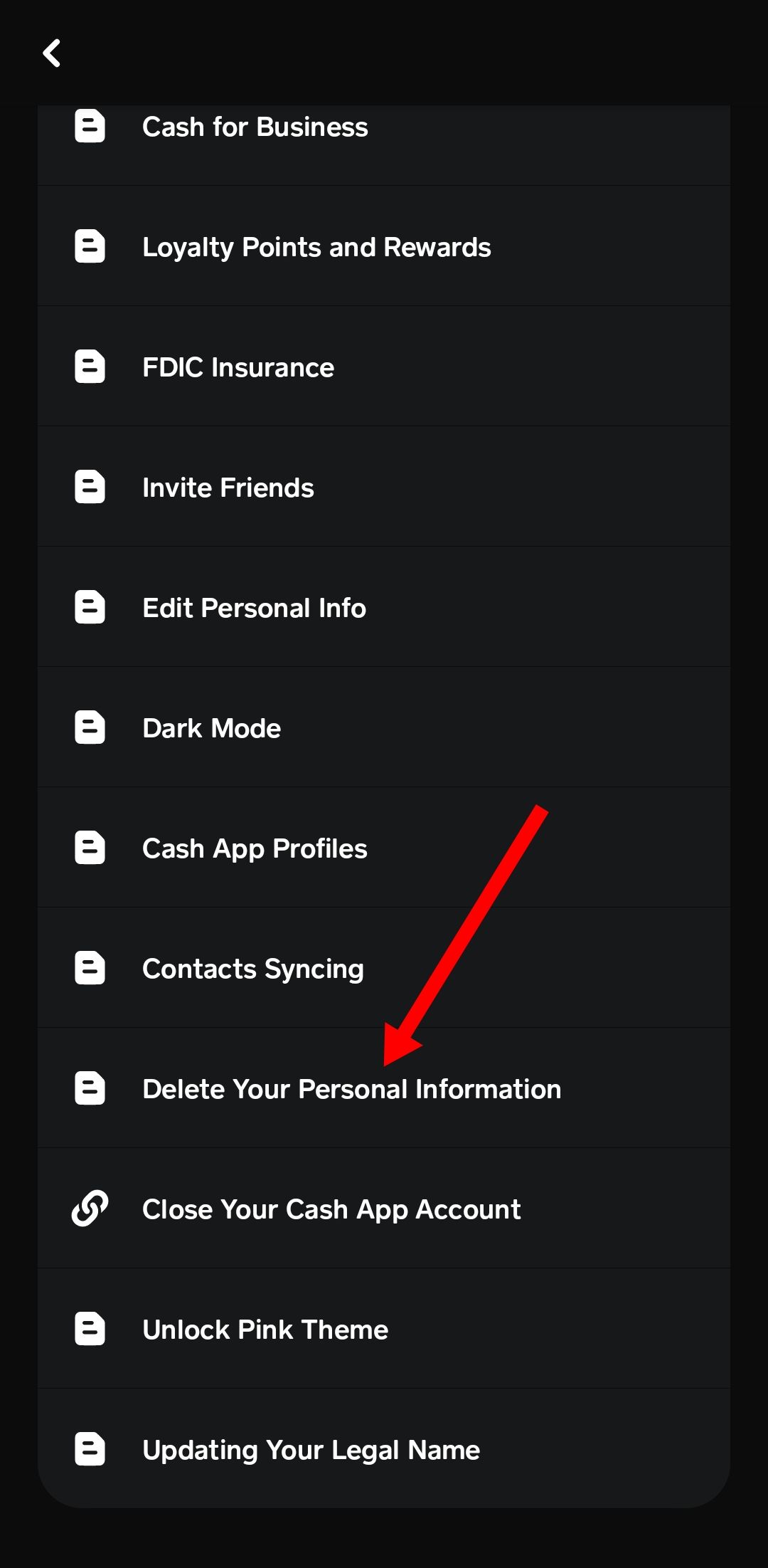 Captura de tela da opção Excluir suas informações pessoais no aplicativo Cash App para Android