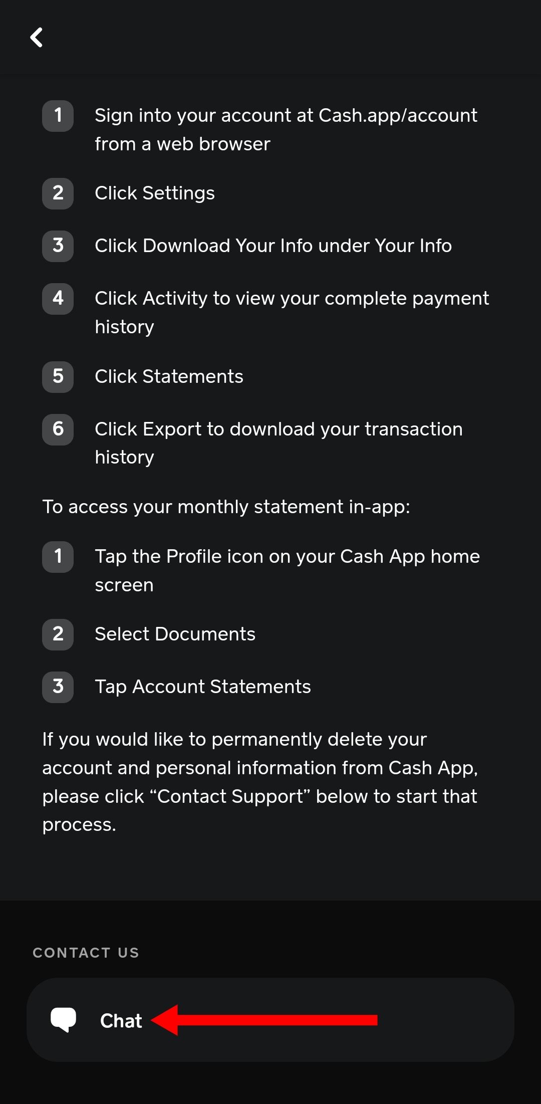 Captura de tela da opção de bate-papo no aplicativo Cash App para Android