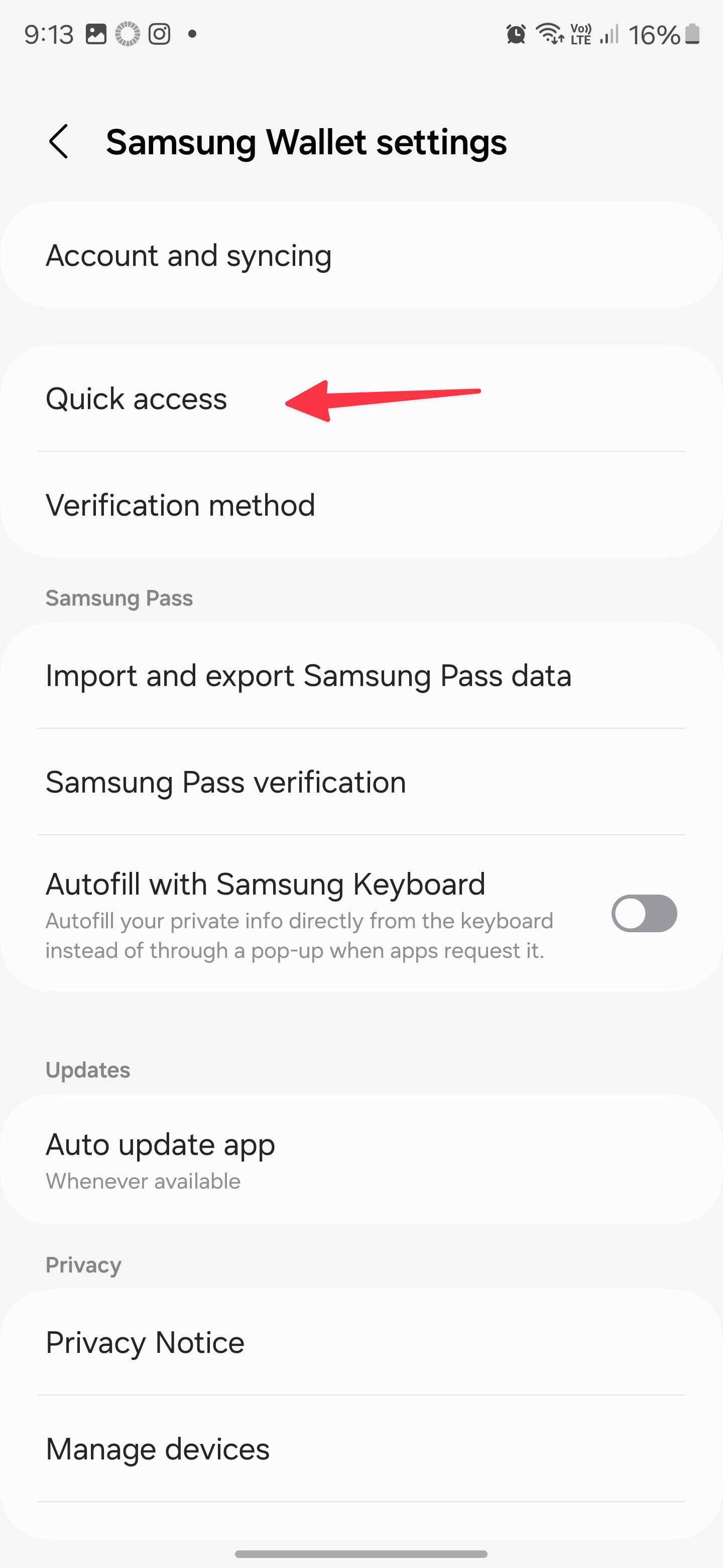 Configurações da carteira Samsung