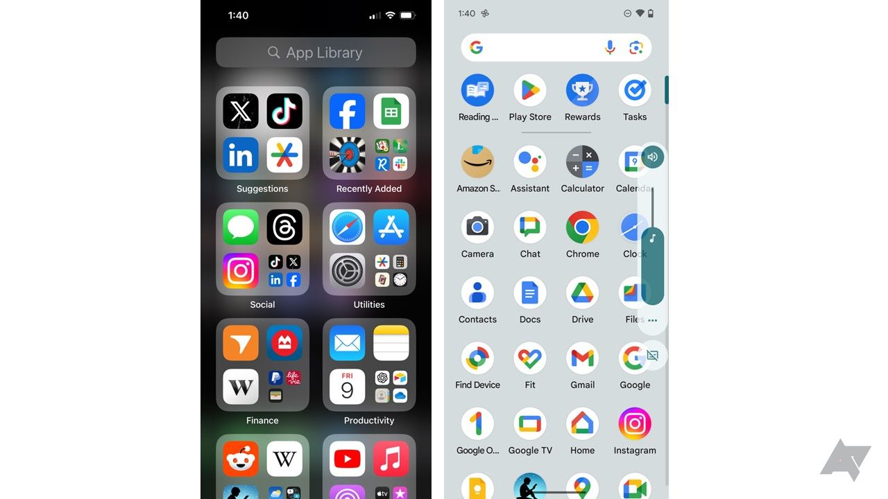 Uma comparação lado a lado do sistema de pastas da Apple e da gaveta de aplicativos em um Google Pixel.