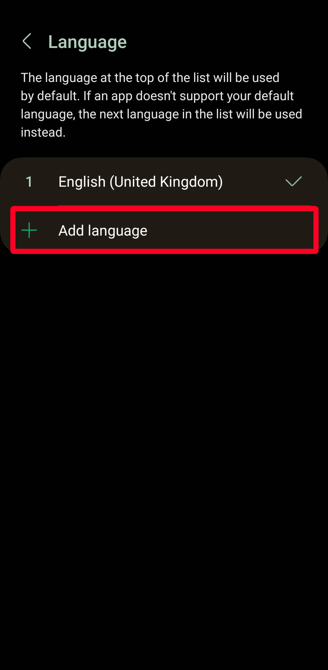 Menu de configurações de idioma no Android