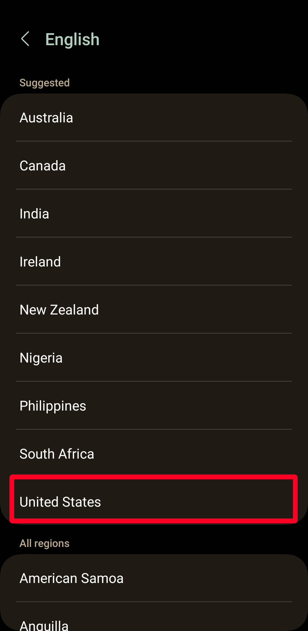 Escolhendo o inglês dos Estados Unidos como idioma do sistema operacional Android