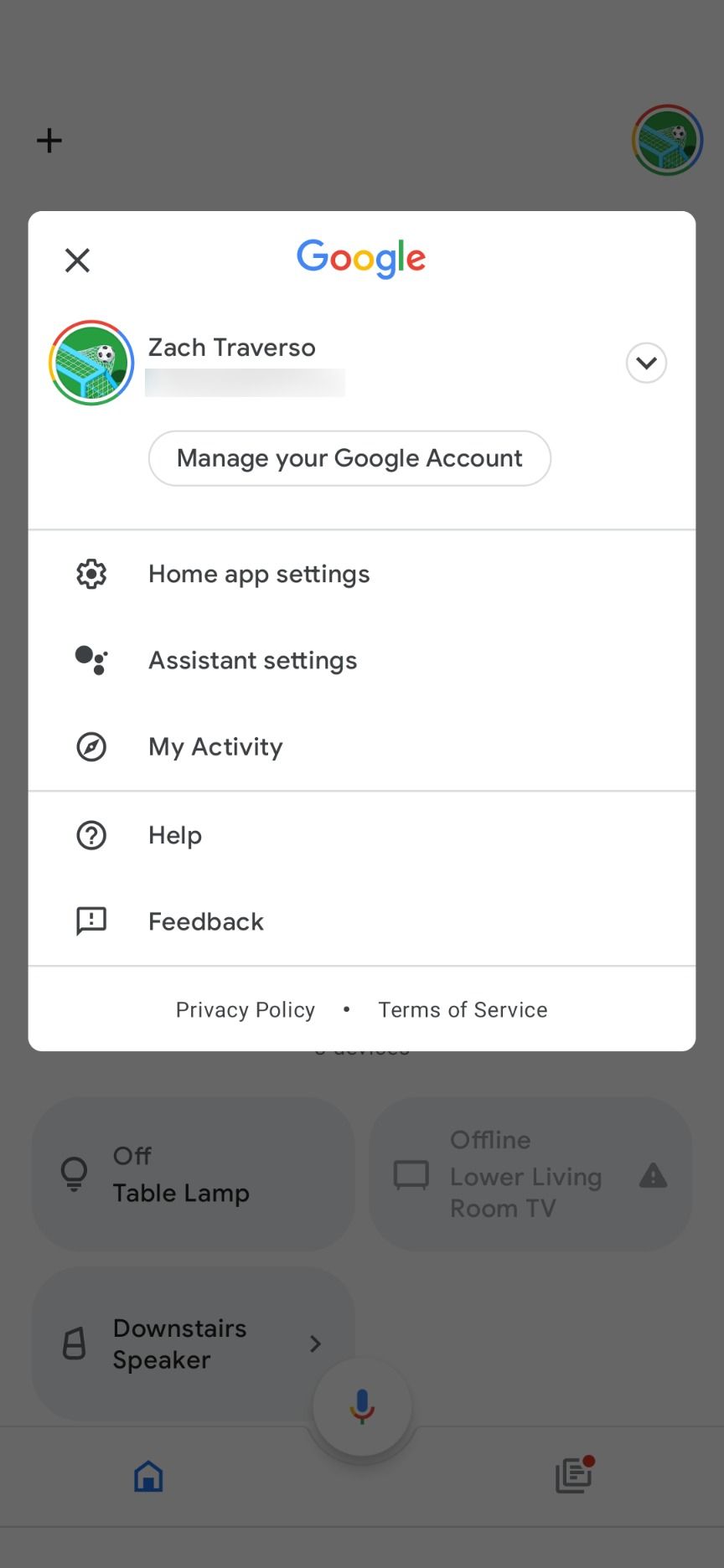 O menu de configurações no aplicativo Google Home para Android.