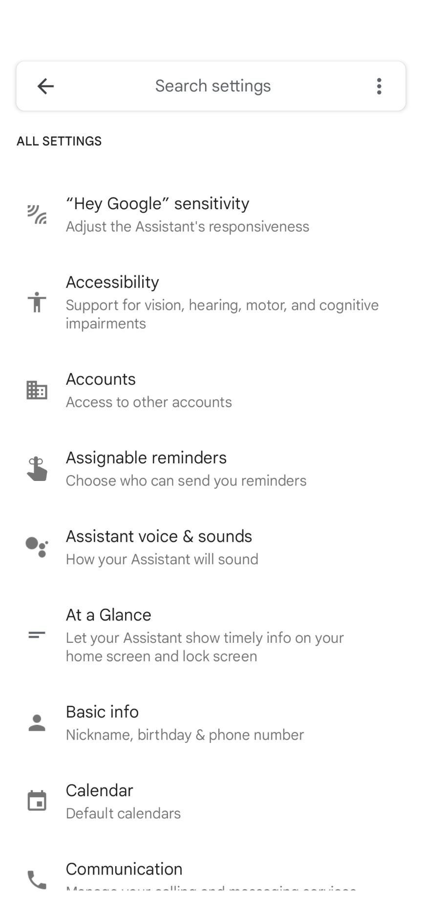 Configurações do assistente no aplicativo Google Home para Android.