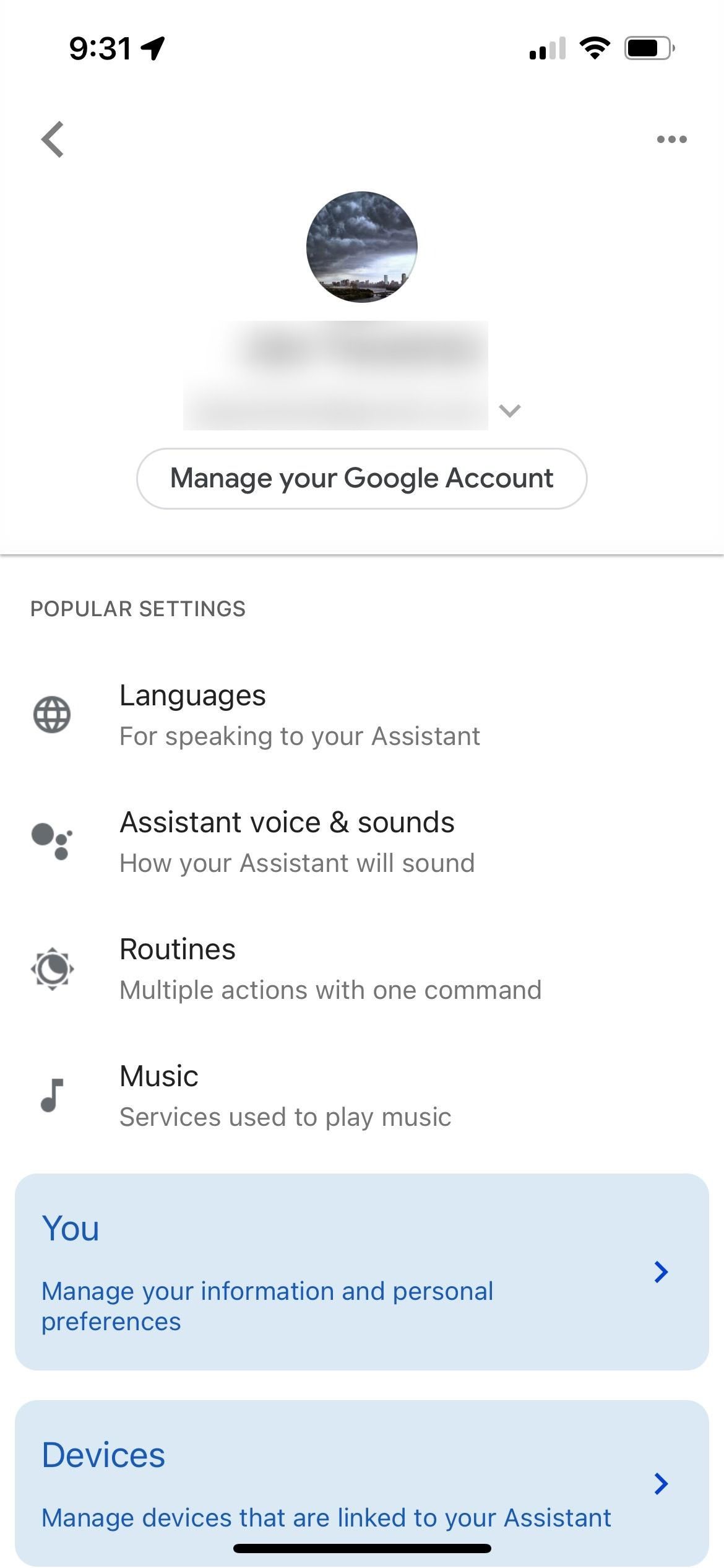 Opções de menu do Google Assistente no iPhone