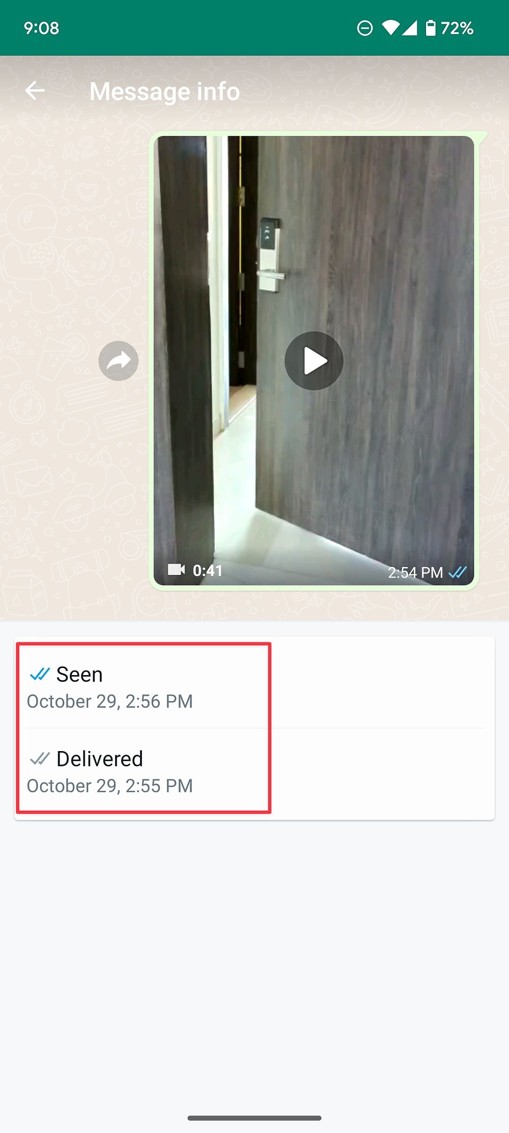 Uma caixa de notificação exibindo os carimbos de data e hora de entrega e leitura de uma mensagem no WhatsApp.