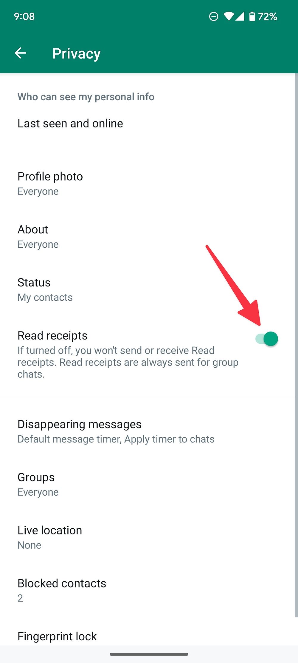Captura de tela mostrando a opção de ativar confirmações de leitura no WhatsApp.
