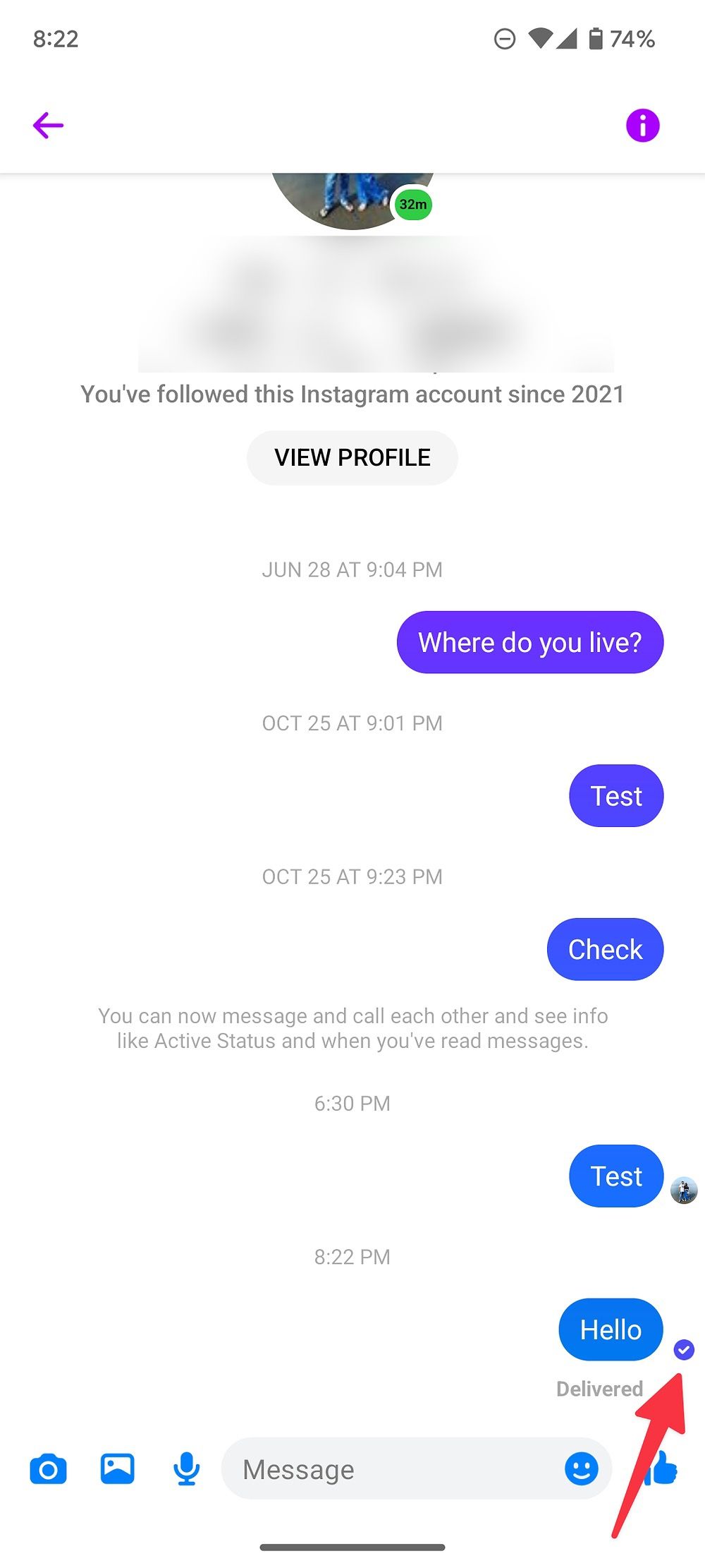 Captura de tela mostrando o status da mensagem no Messenger