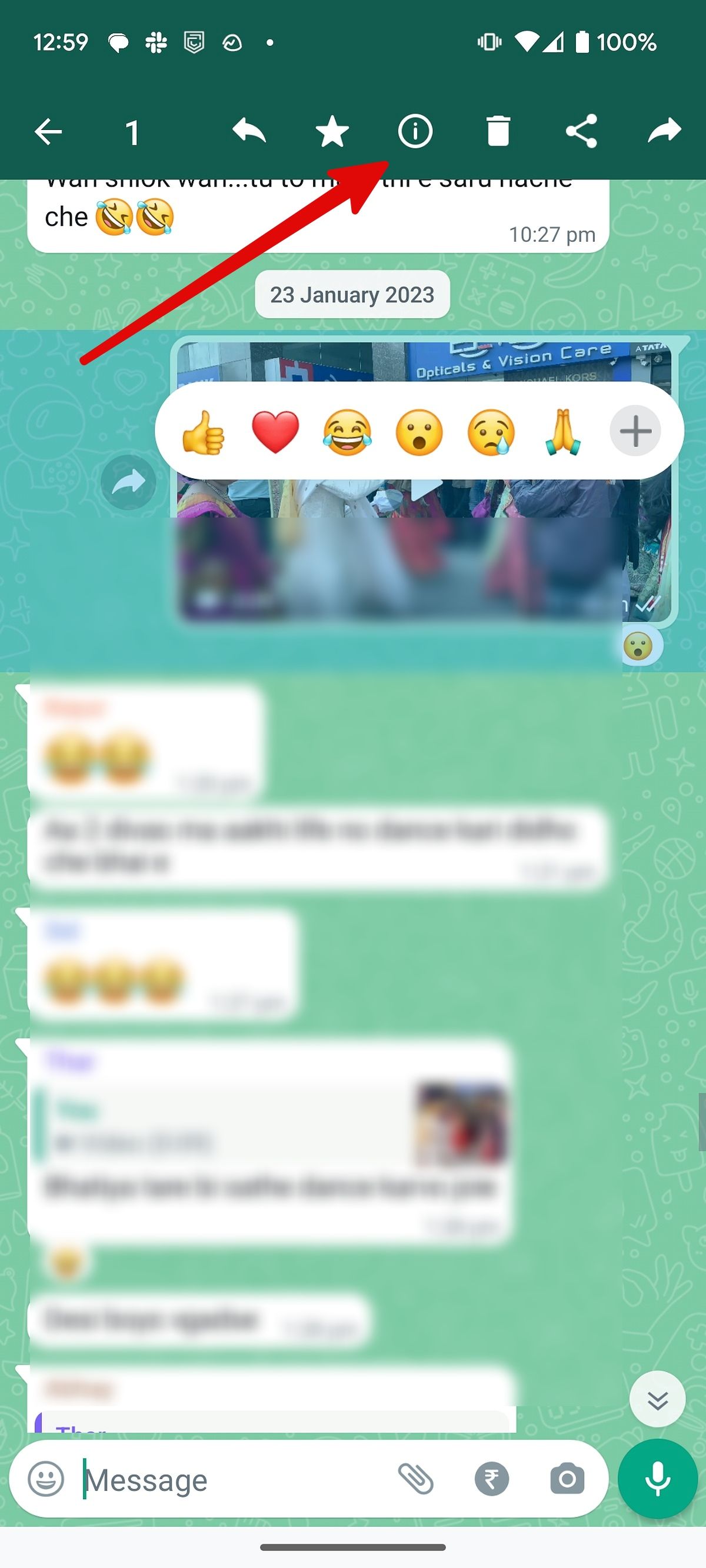Captura de tela mostrando informações da mensagem no grupo do WhatsApp