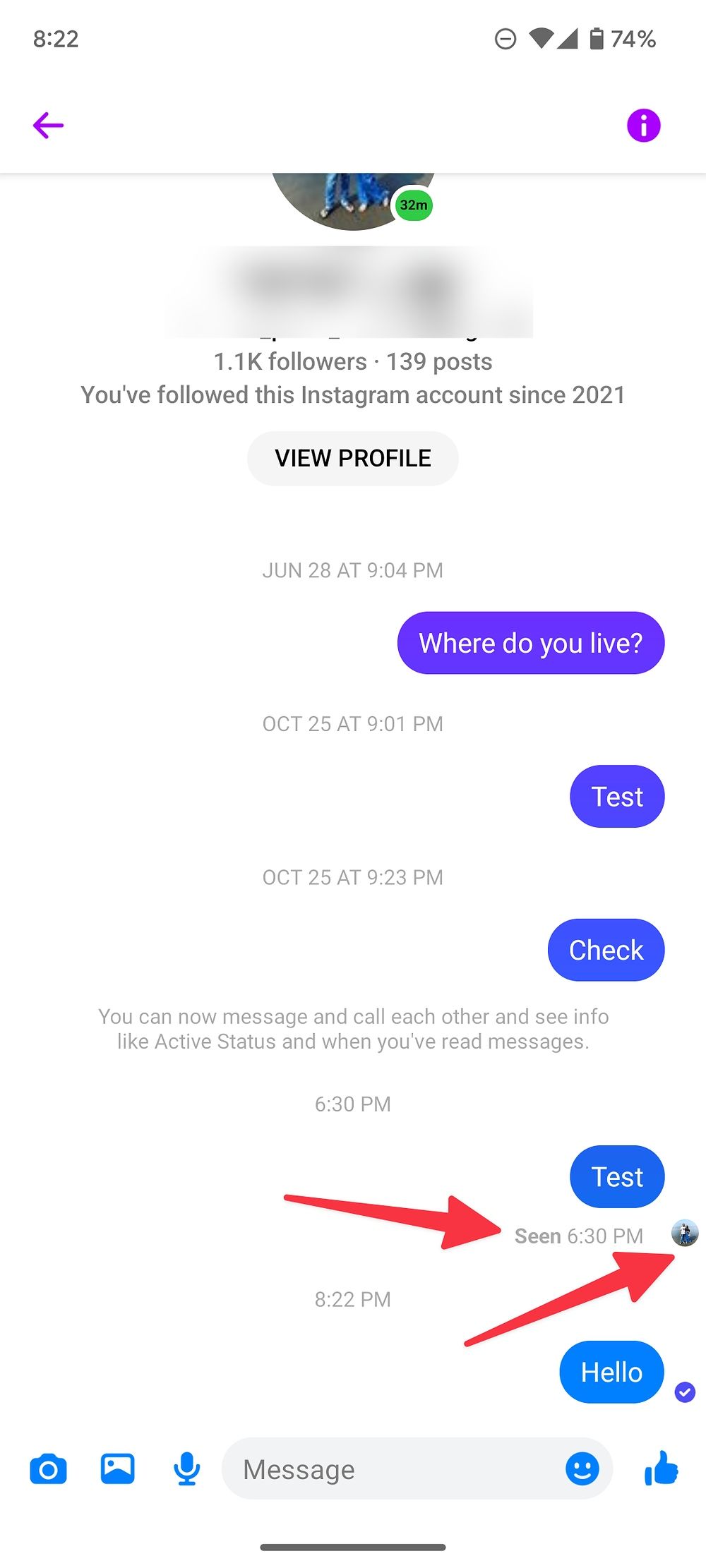 Captura de tela mostrando quando a mensagem foi vista no Messenger.