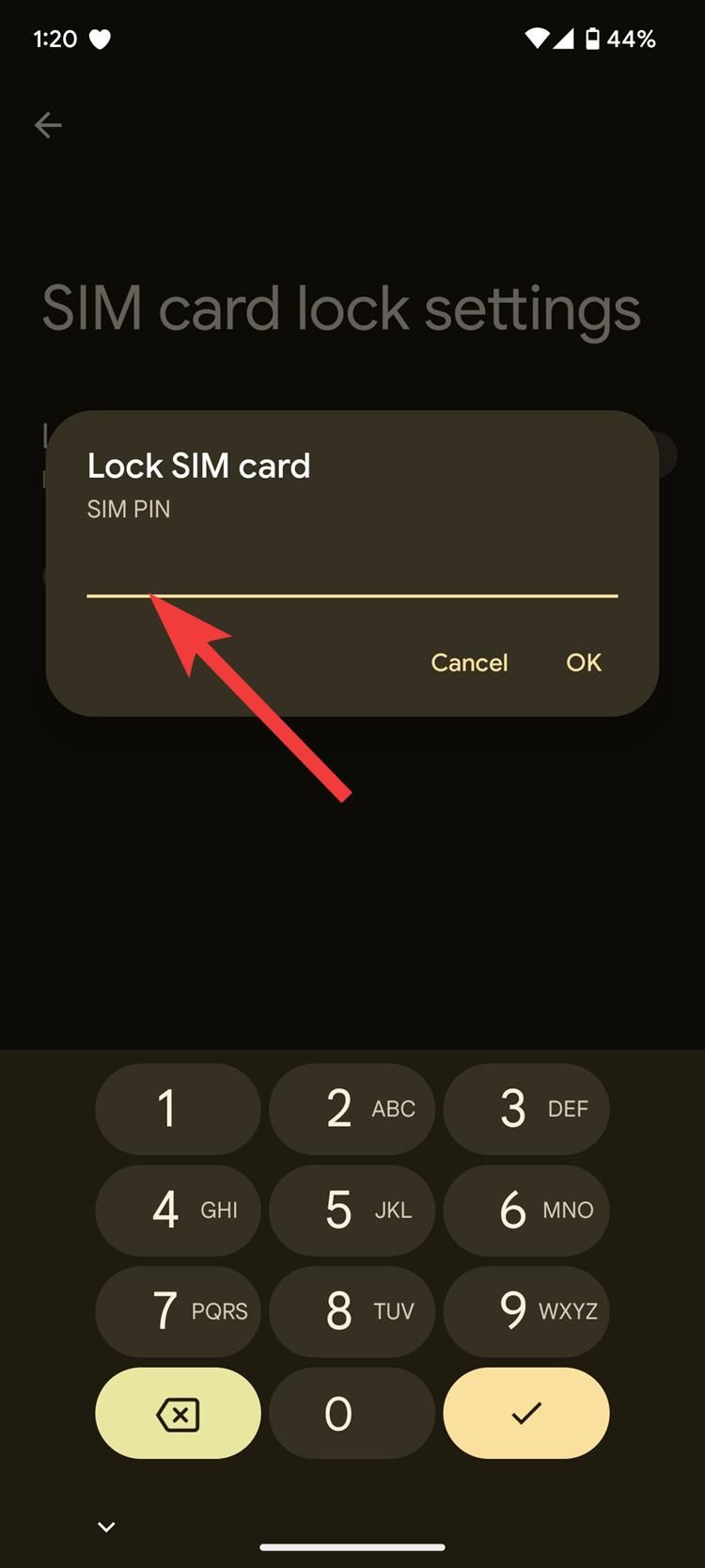 A caixa de diálogo Bloquear cartão SIM solicitando que você insira o PIN do SIM atual em um smartphone Pixel com uma seta vermelha apontando para a linha de entrada
