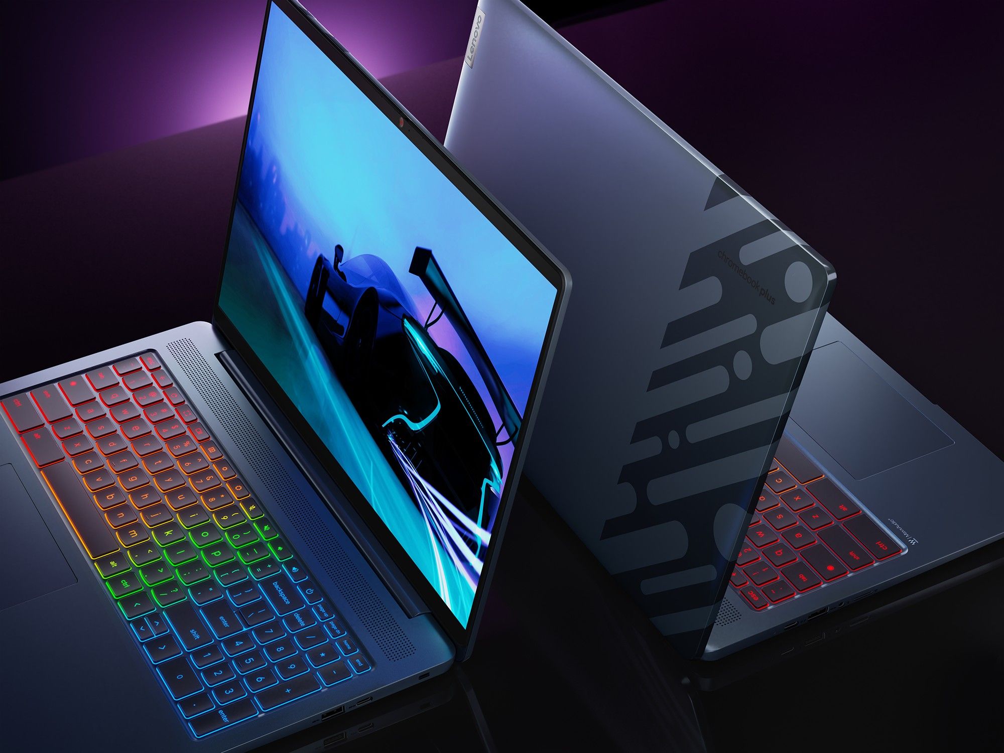 Dois laptops para jogos Lenovo, um com teclado RGB e outro com teclado vermelho.