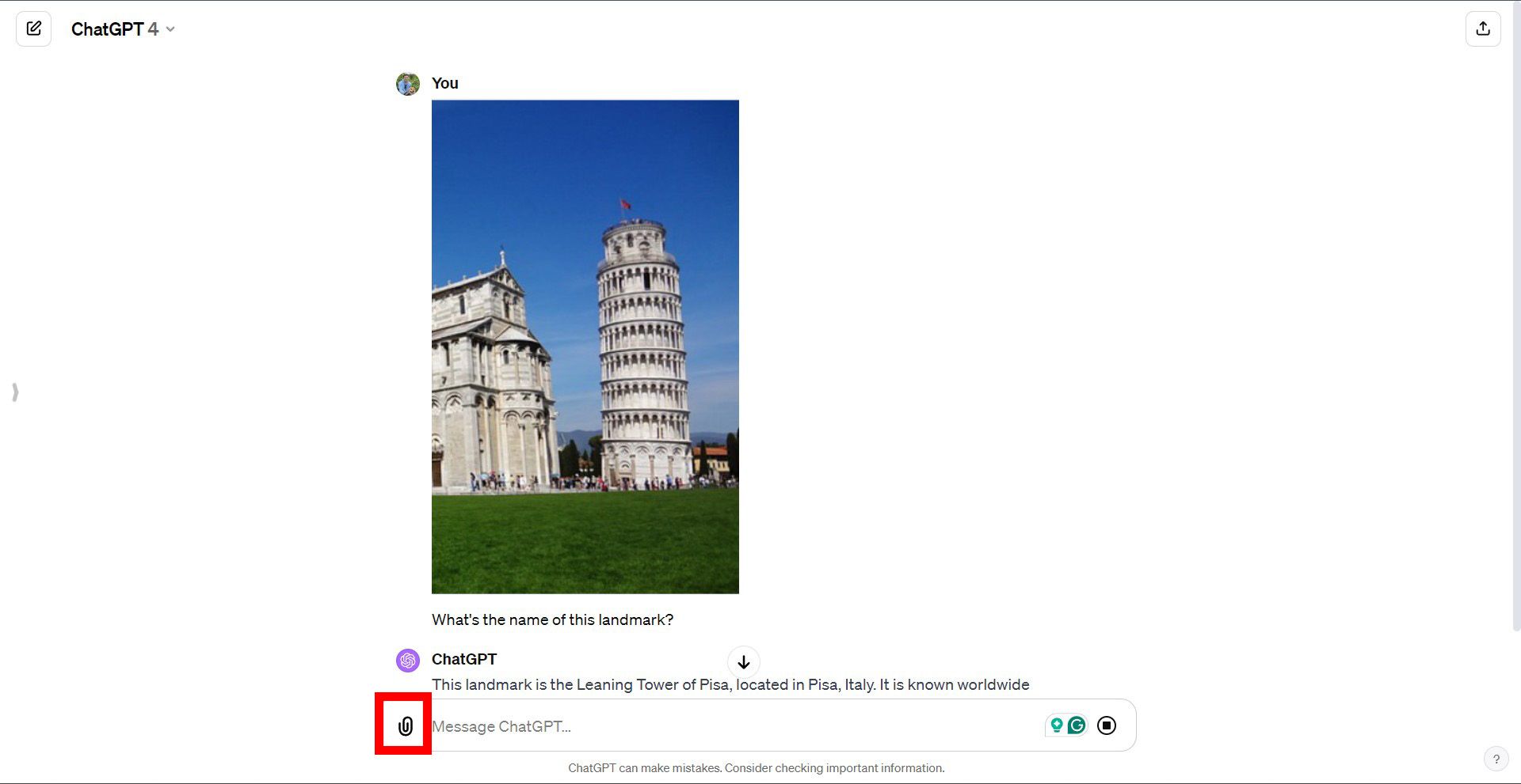 A imagem mostra uma captura de tela de uma conversa do ChatGPT onde o usuário carregou uma foto da Torre Inclinada de Pisa.  O usuário pergunta, 