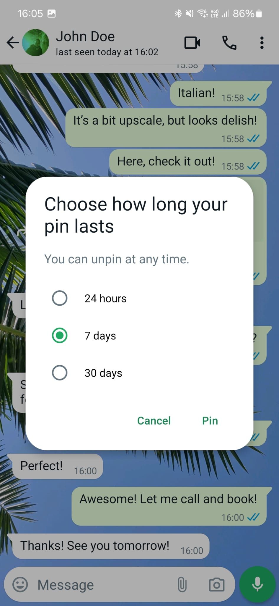 Captura de tela do aplicativo WhatsApp no ​​Android mostrando as configurações de duração do pin