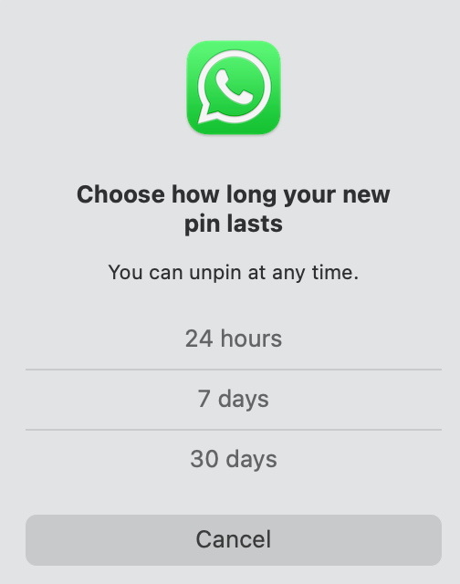 Captura de tela do aplicativo WhatsApp na área de trabalho mostrando as configurações de duração do pin