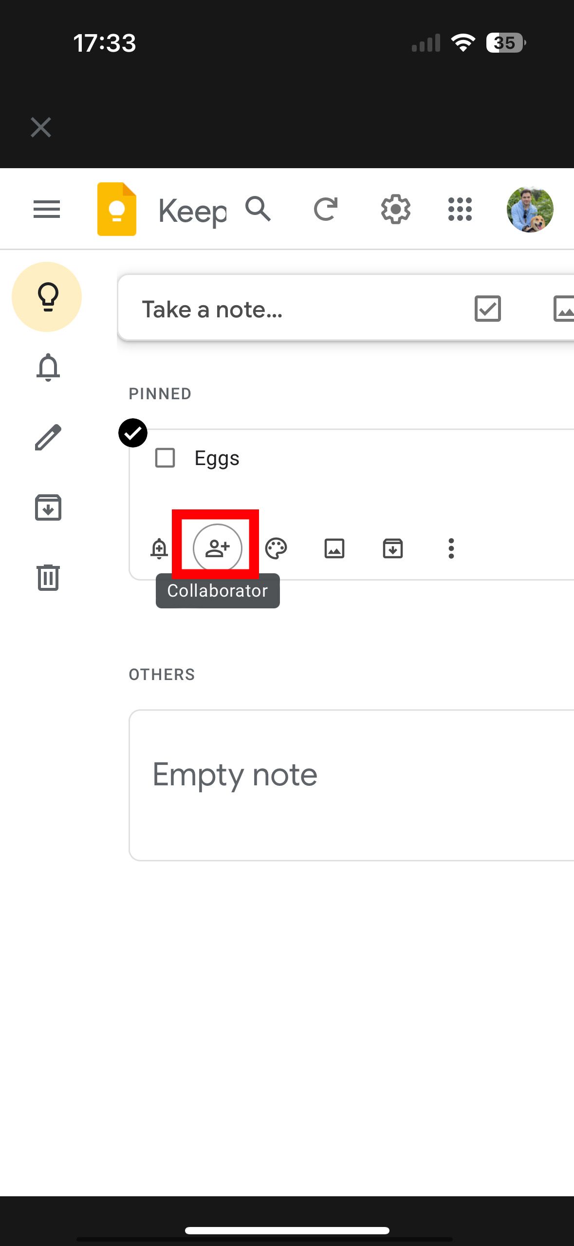 Captura de tela da tela do aplicativo Google Keep mostrando o botão 