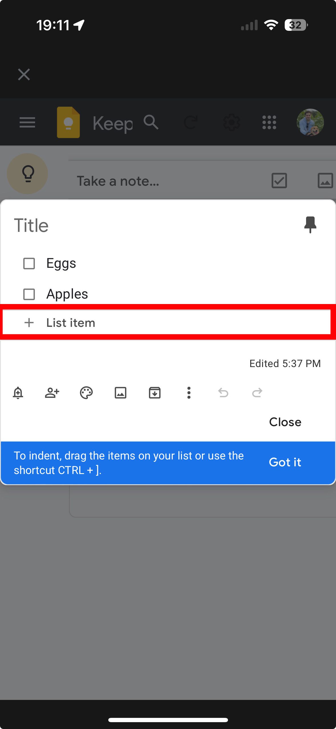 captura de tela da tela do aplicativo Google Keep mostrando a seção 'Lista' com o botão 'Adicionar item à lista' destacado.