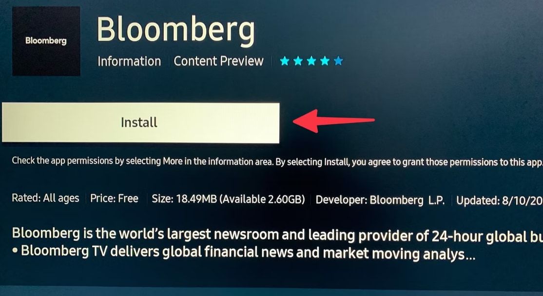 Página de informações do aplicativo Bloomberg na loja de aplicativos da Samsung TV