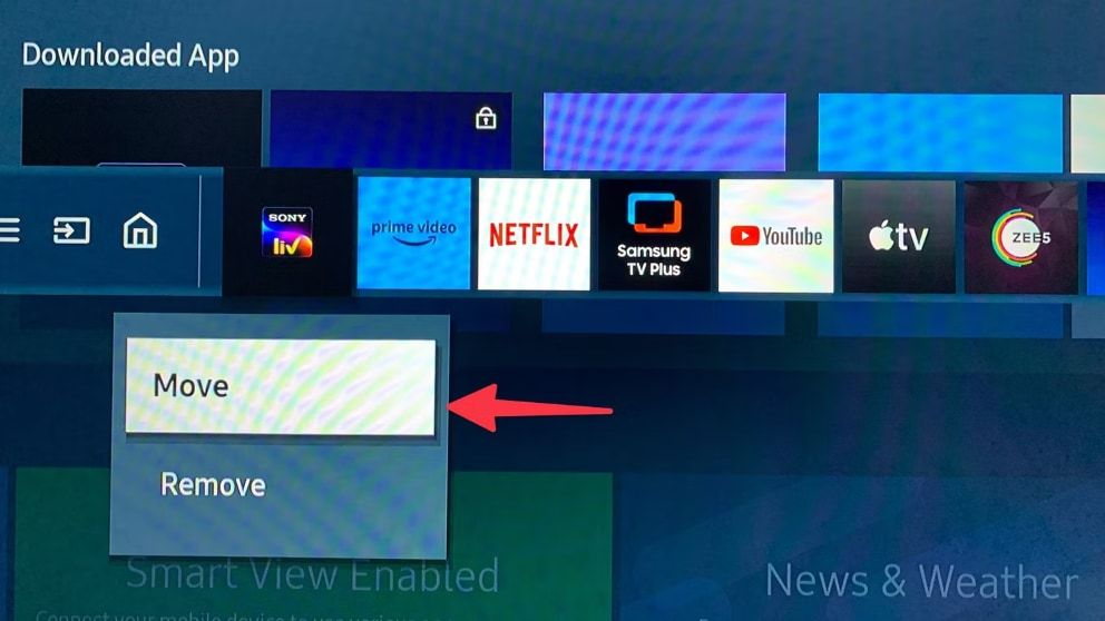Opção mover para aplicativos fixados na tela inicial da TV Samsung