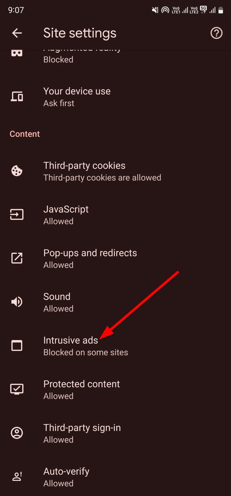 Opção de anúncios intrusivos do Google Chrome no Android