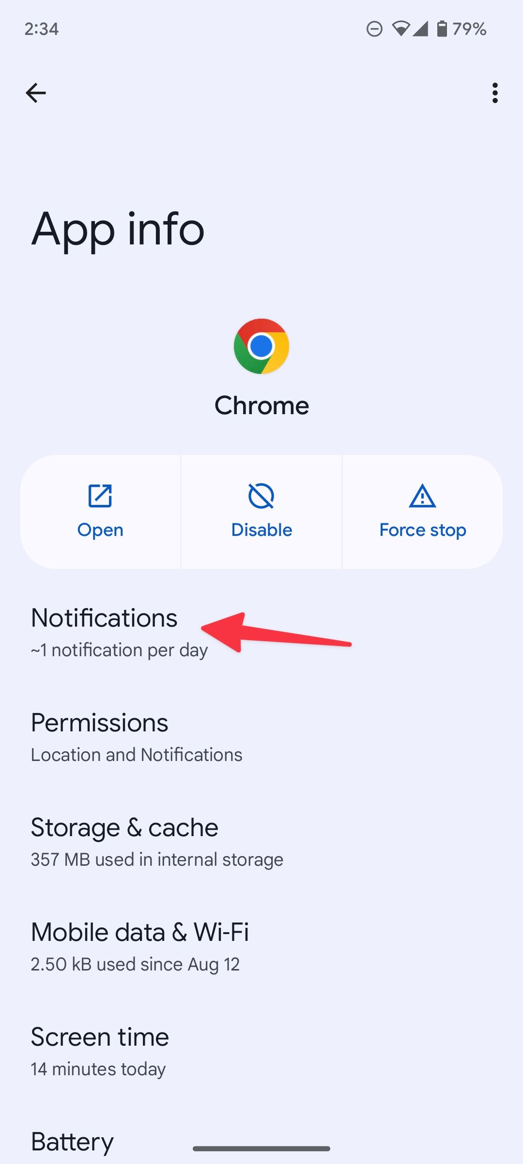 Opção de notificação do Chrome no menu de informações do aplicativo