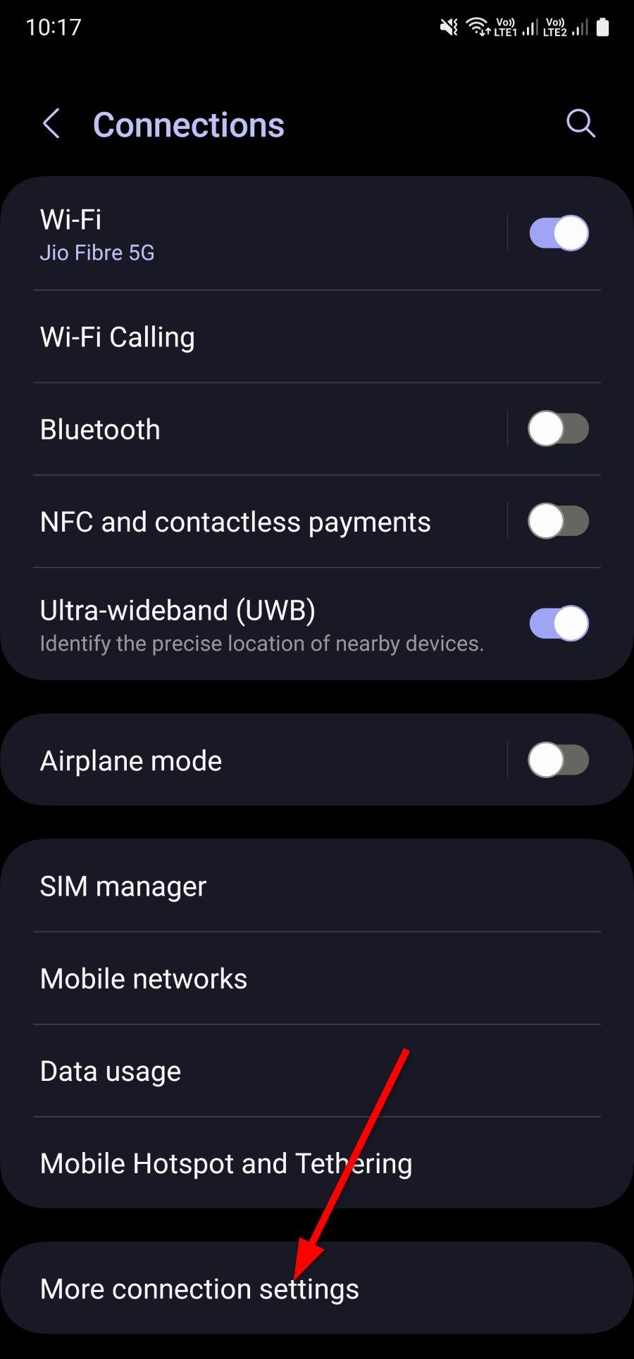 Mais configurações de conexão no menu Configurações do Galaxy S22 Ultra