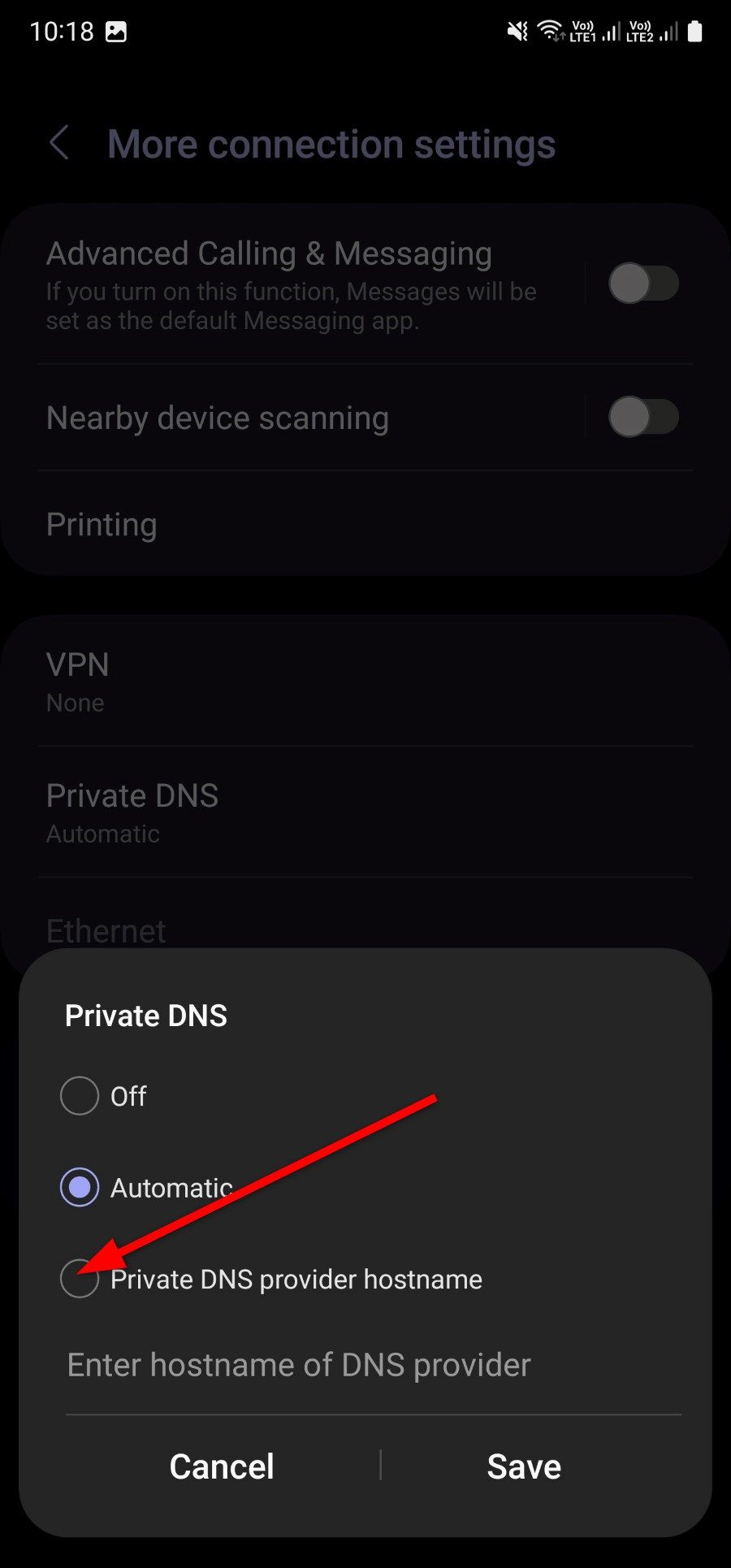 Opção para inserir o nome de host do provedor DNS privado no Galaxy S22 Ultra