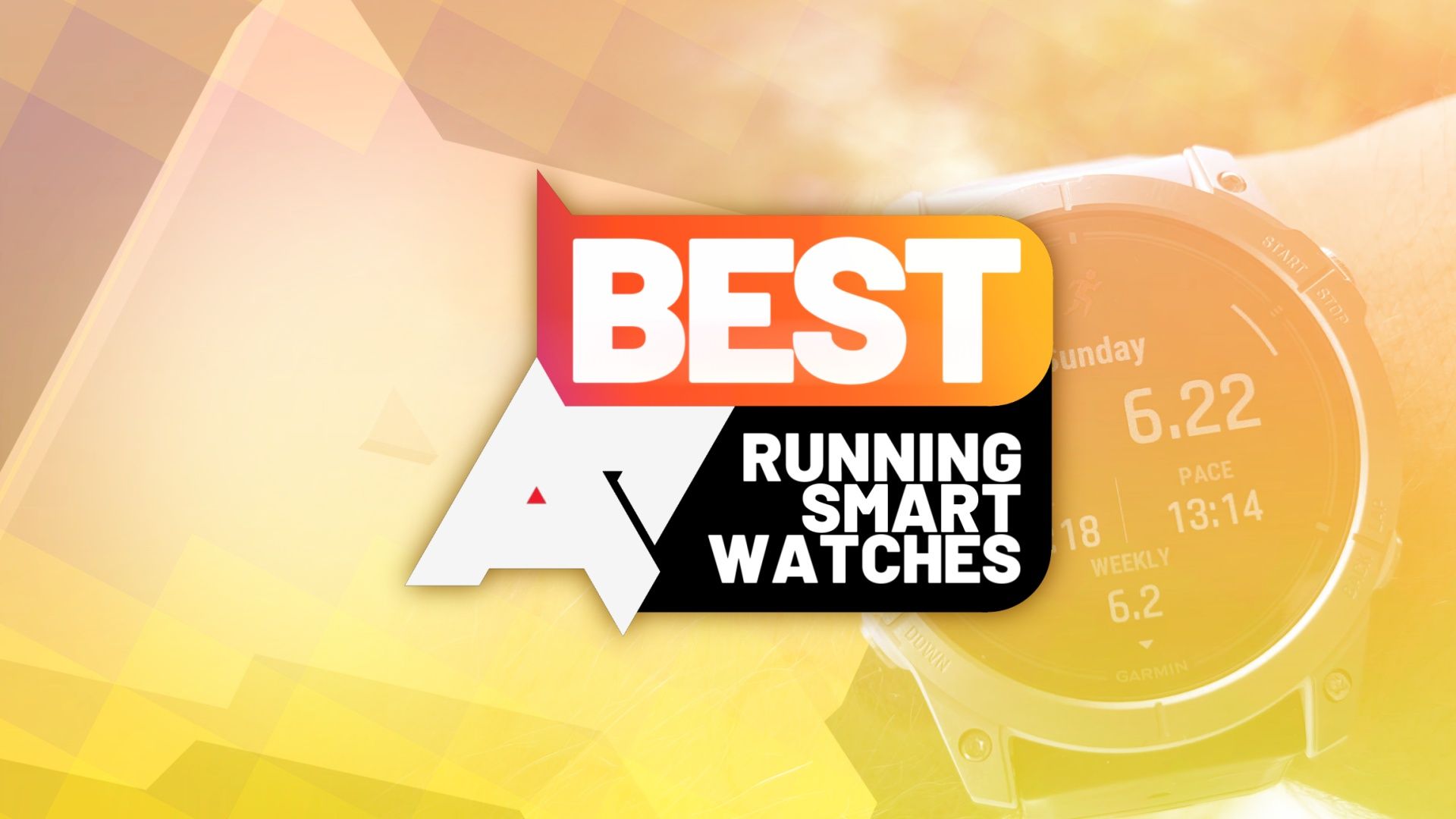 Uma foto em close de um smartwatch amarelo, com o logotipo 'AP Best Running Smartwatches' na frente