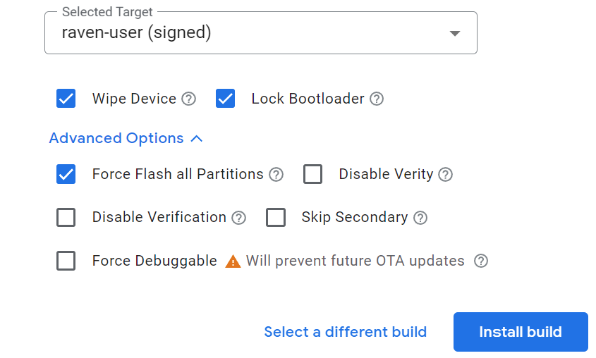 Revendo as opções avançadas antes de instalar a compilação na Android Flash Tool.