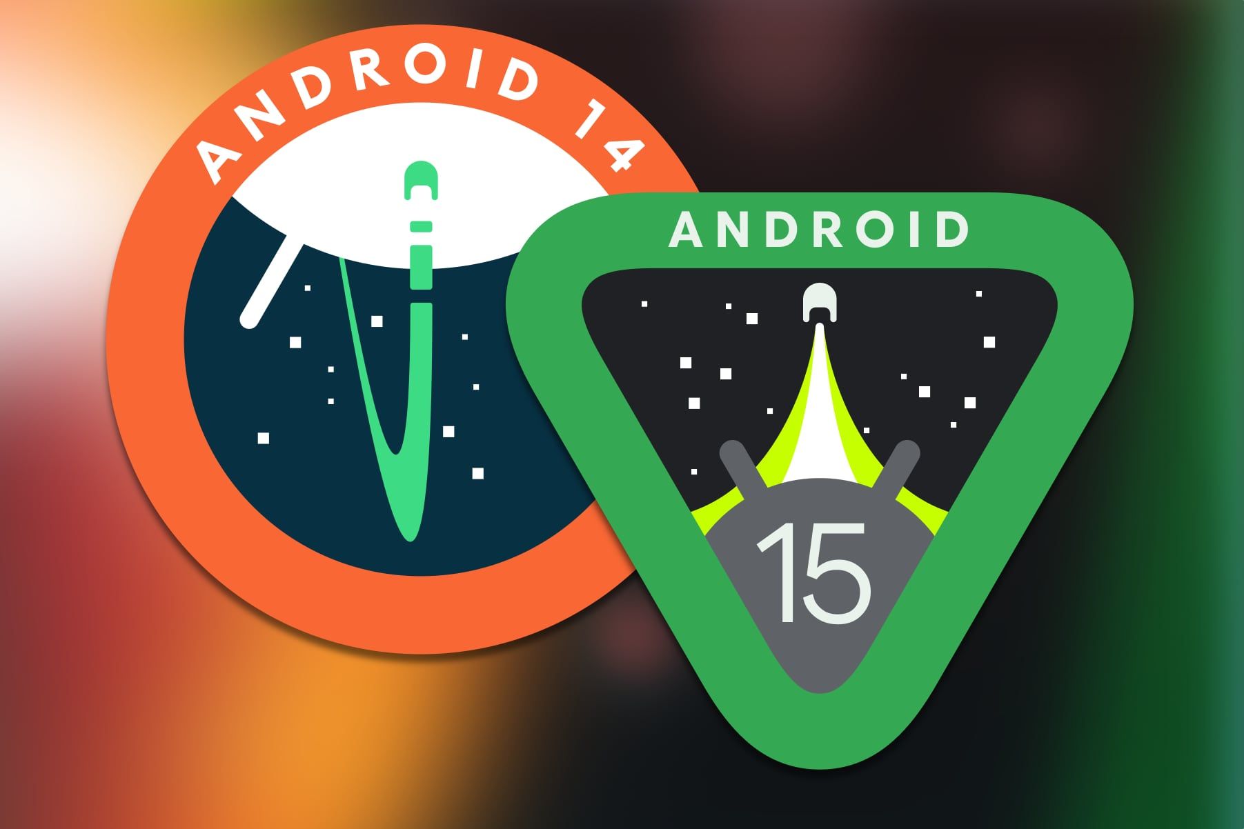 O logotipo do Android 14 sobreposto ao logotipo do Android 15 em um fundo colorido