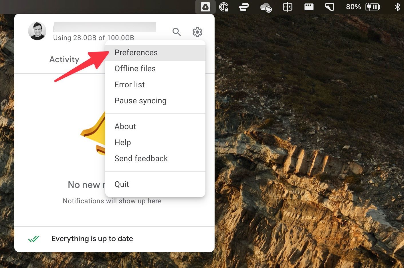 Abra as preferências do Google Drive