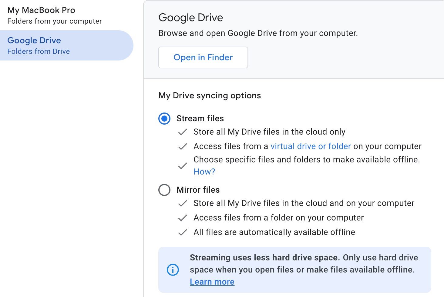 Uma lista de opções de sincronização do Google Drive