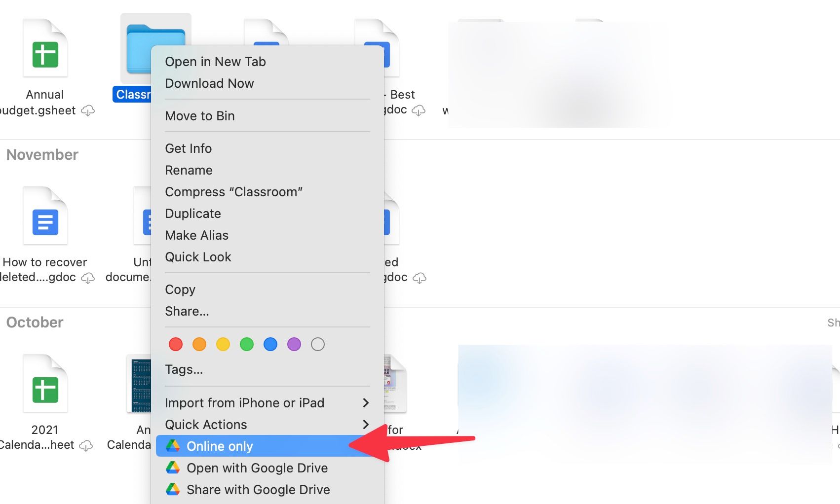 Clique para manter o Google Drive apenas on-line