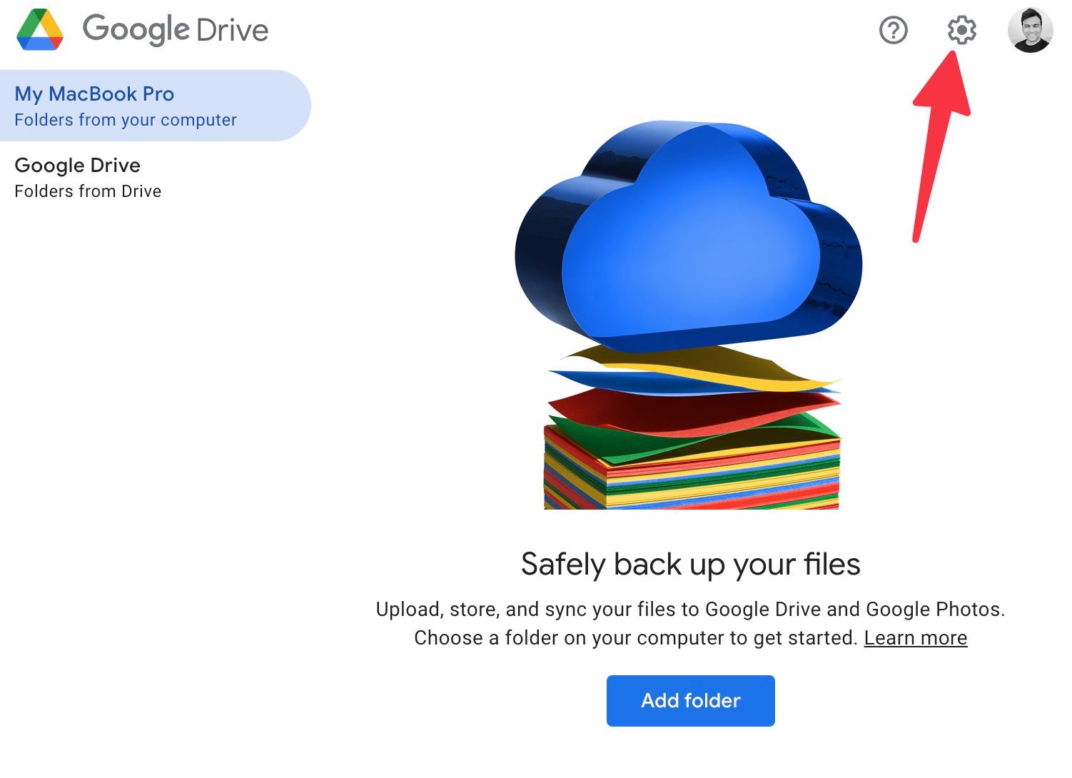 Clique na engrenagem no canto superior direito para acessar as configurações do Google Drive no Mac