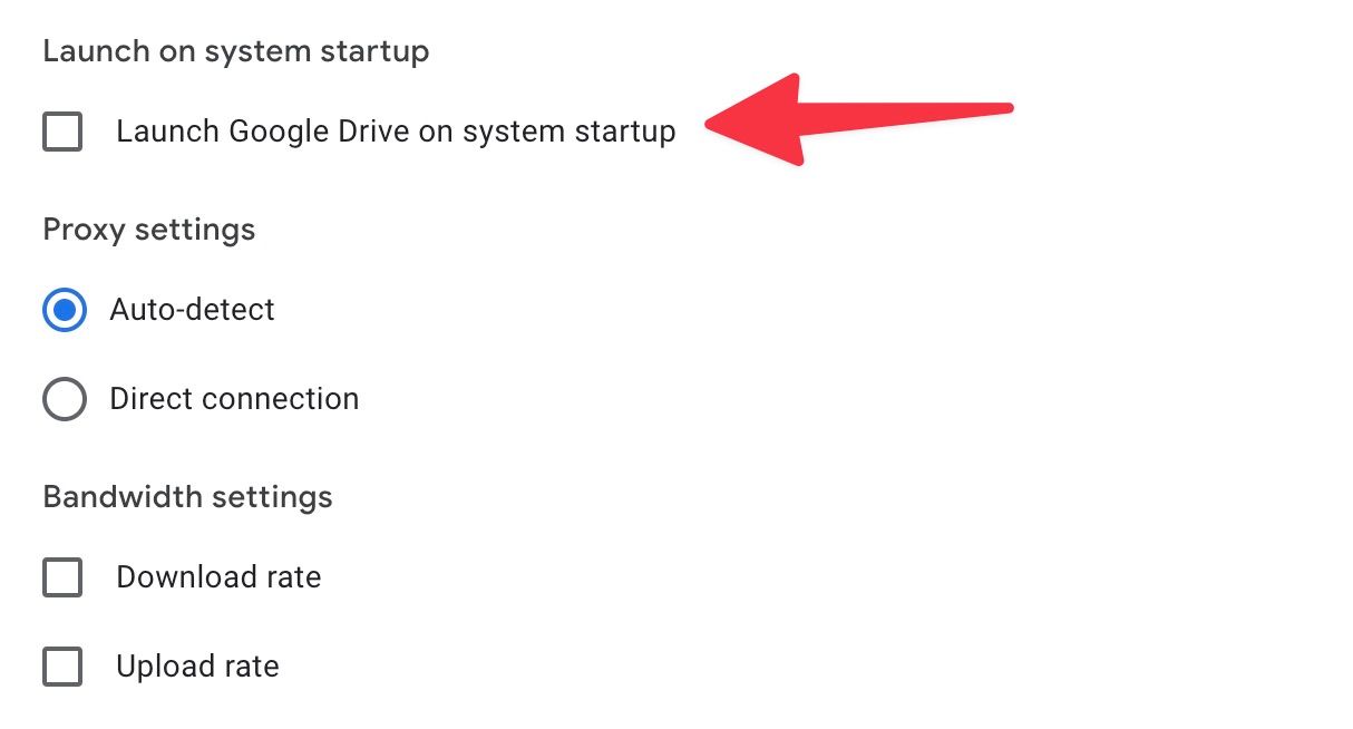 Marque a caixa de seleção para iniciar o Google Drive na inicialização