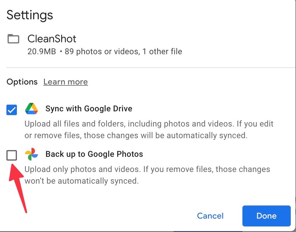 Marque a caixa de seleção para fazer backup no Google Fotos no Mac