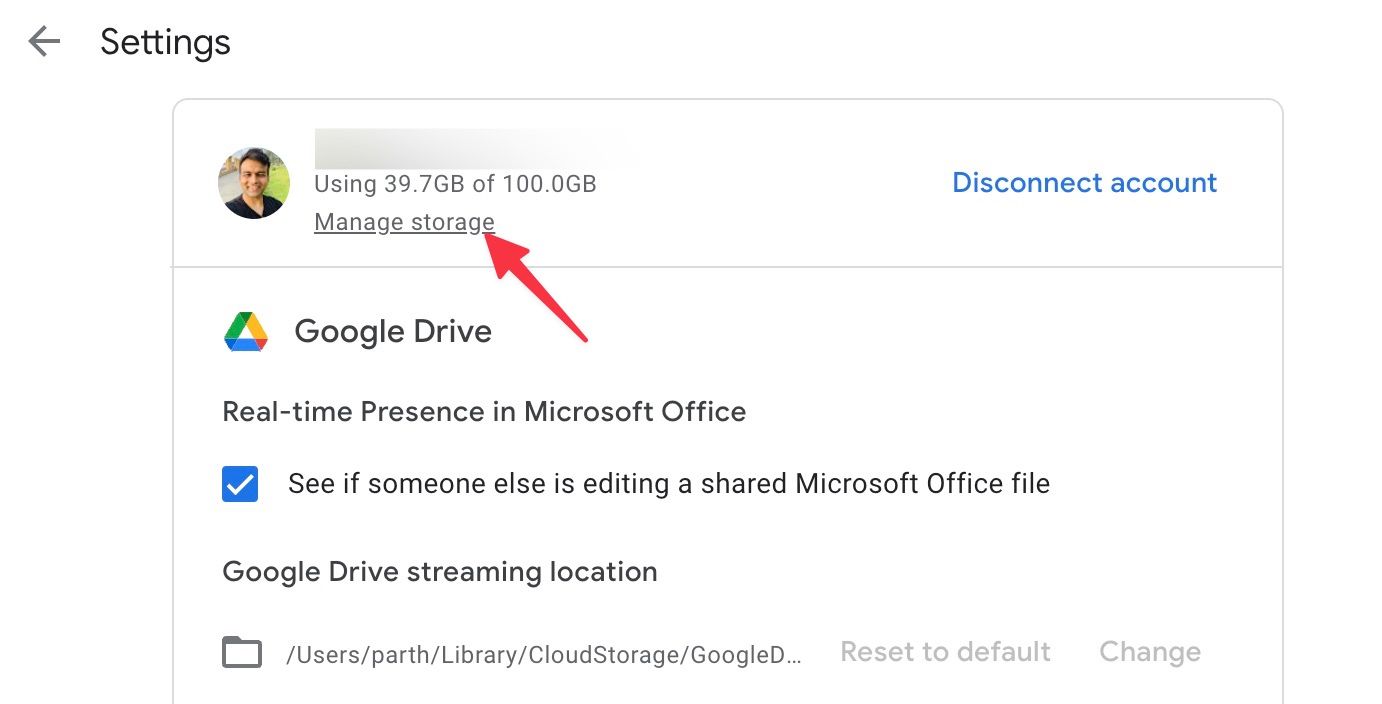 Selecione para gerenciar seu armazenamento do Google Drive